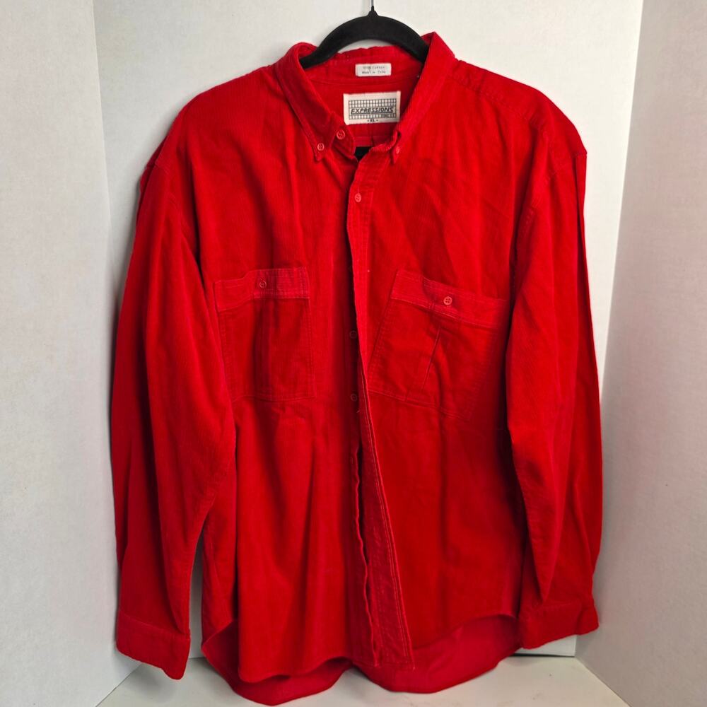 Expressions, Vintage 90's Red Corduroy Long Sleeve Button-Up, Mens, XL
